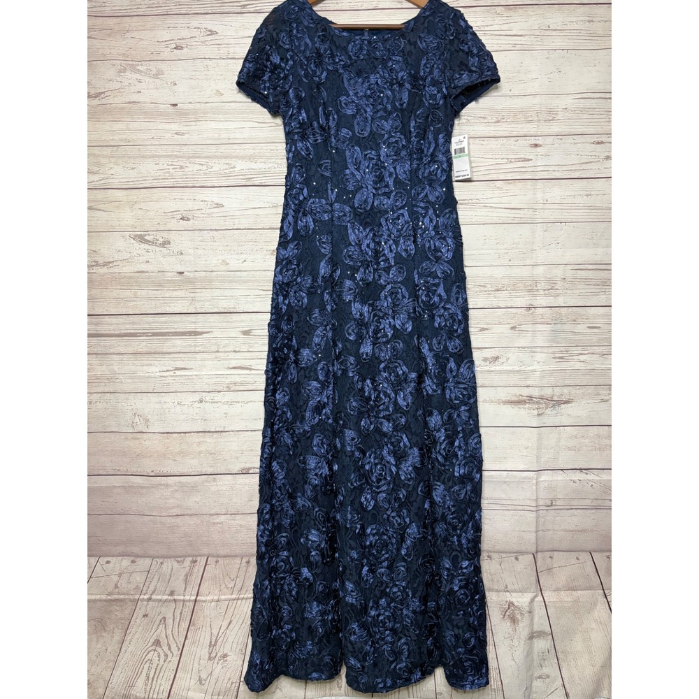 Alex Evenings Sequin Floral Lace Ribbon Rosette Round Neck Short Sleeve Gown Sz8